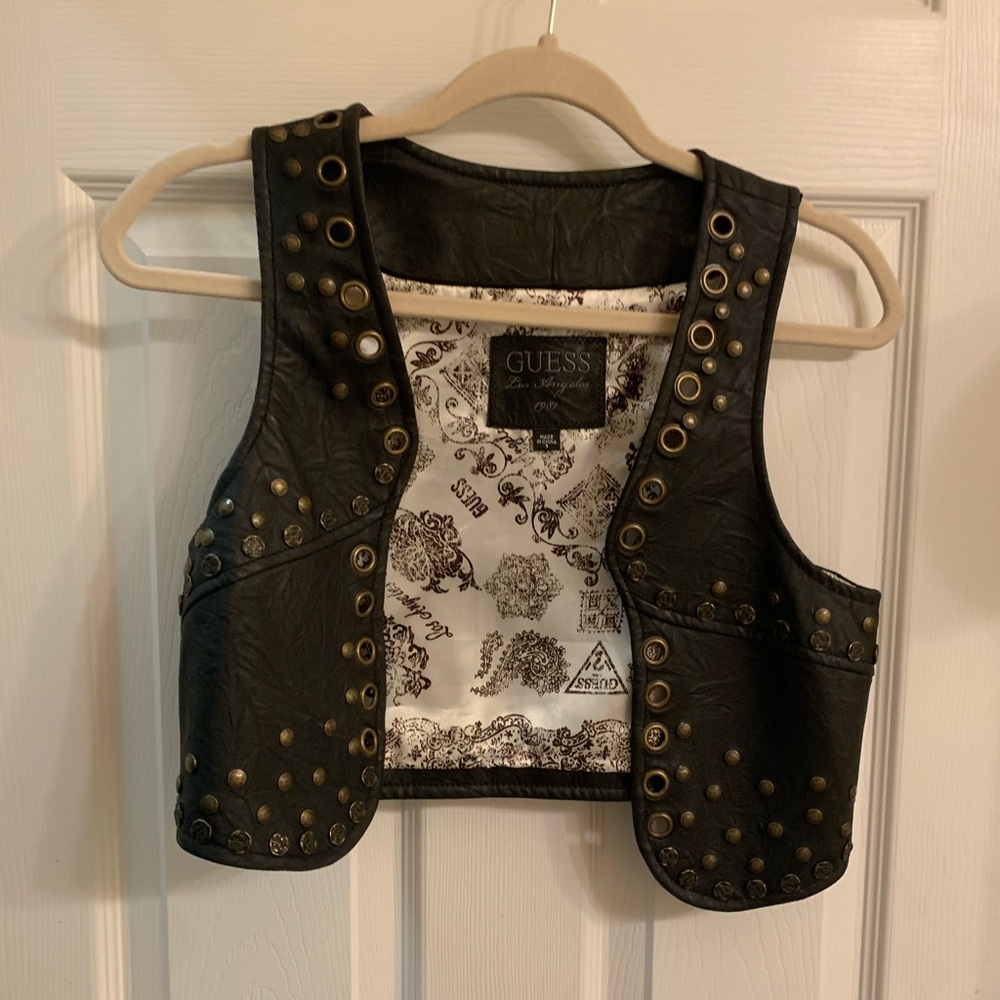 Guess Black Leather Vest with Gold Studs